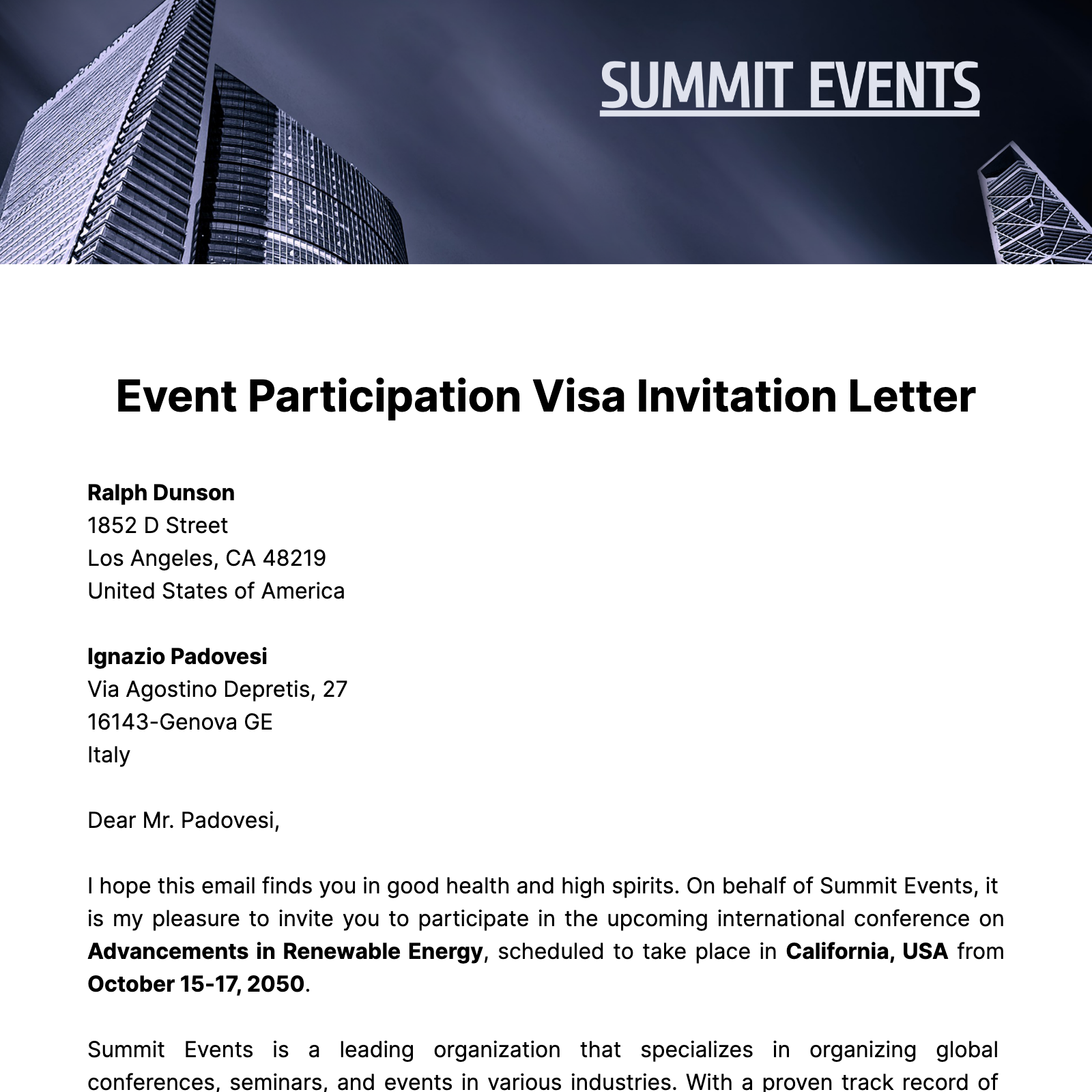Event Participation Visa Invitation Letter  Template