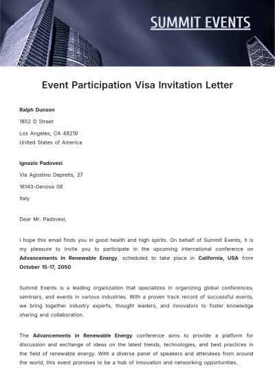 Free Event Participation Visa Invitation Letter  Template to Edit Online