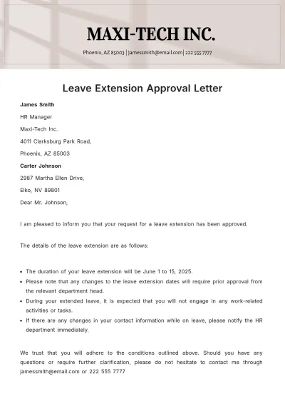 Free Leave Extension Approval Letter  Template to Edit Online