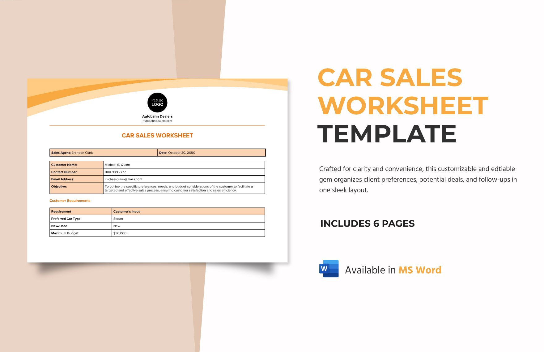 Car Sales Worksheet Template