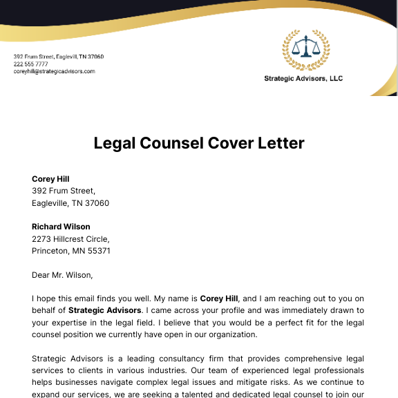 Legal Counsel Cover Letter  Template