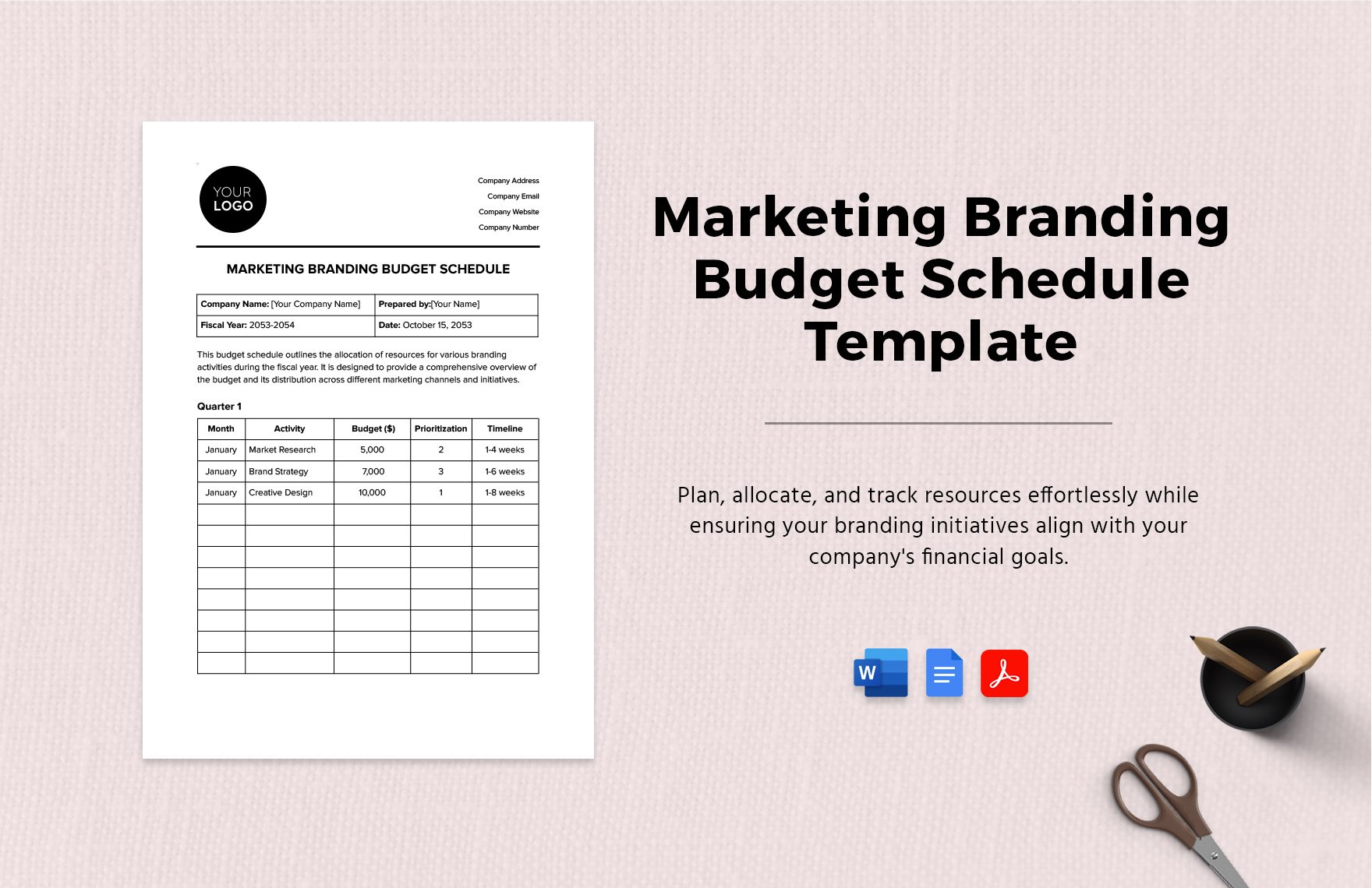 Marketing Branding Budget Schedule Template in Word, Google Docs, PDF
