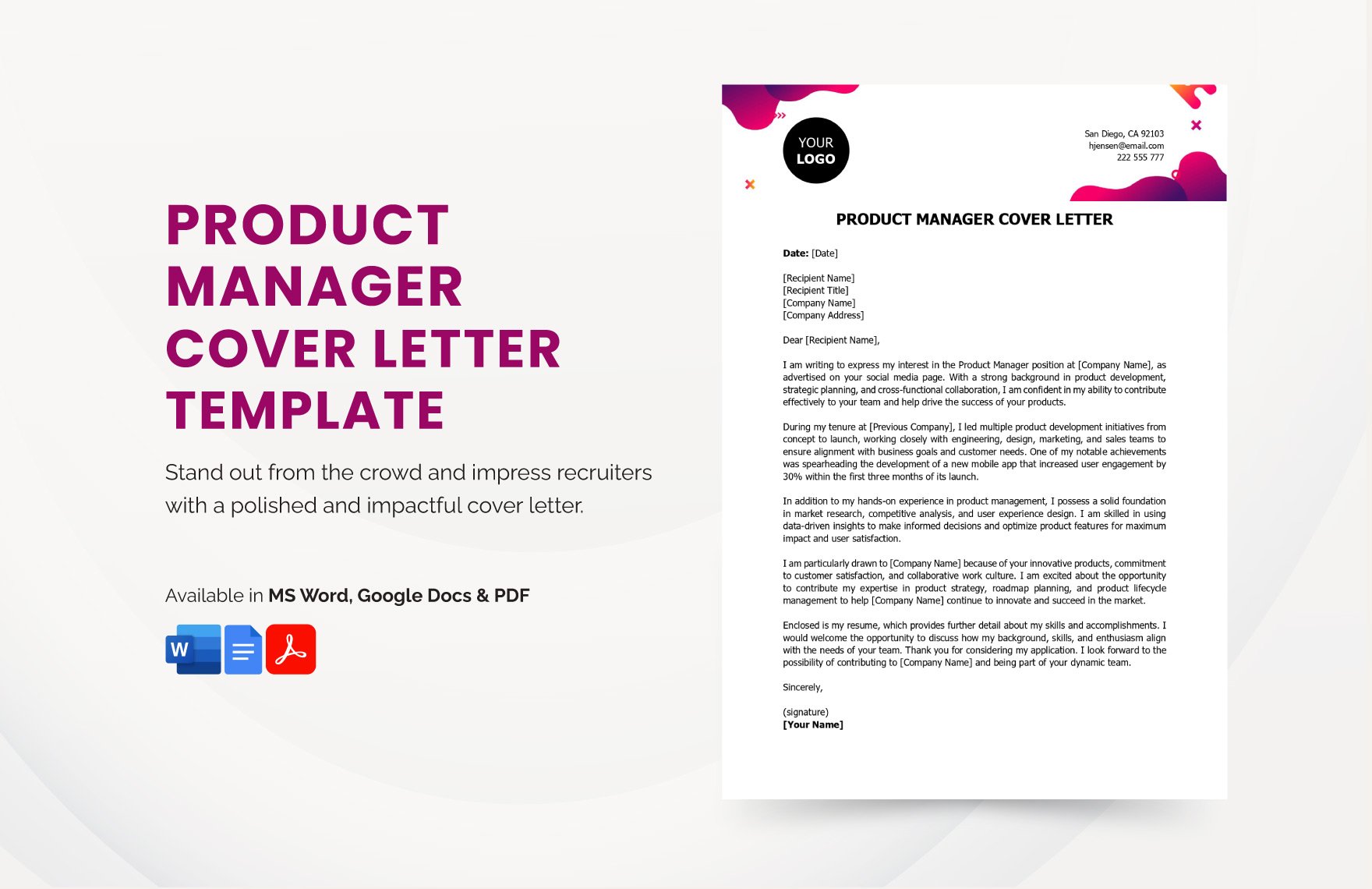 Product Manager Cover Letter Template in Word, Google Docs, PDF