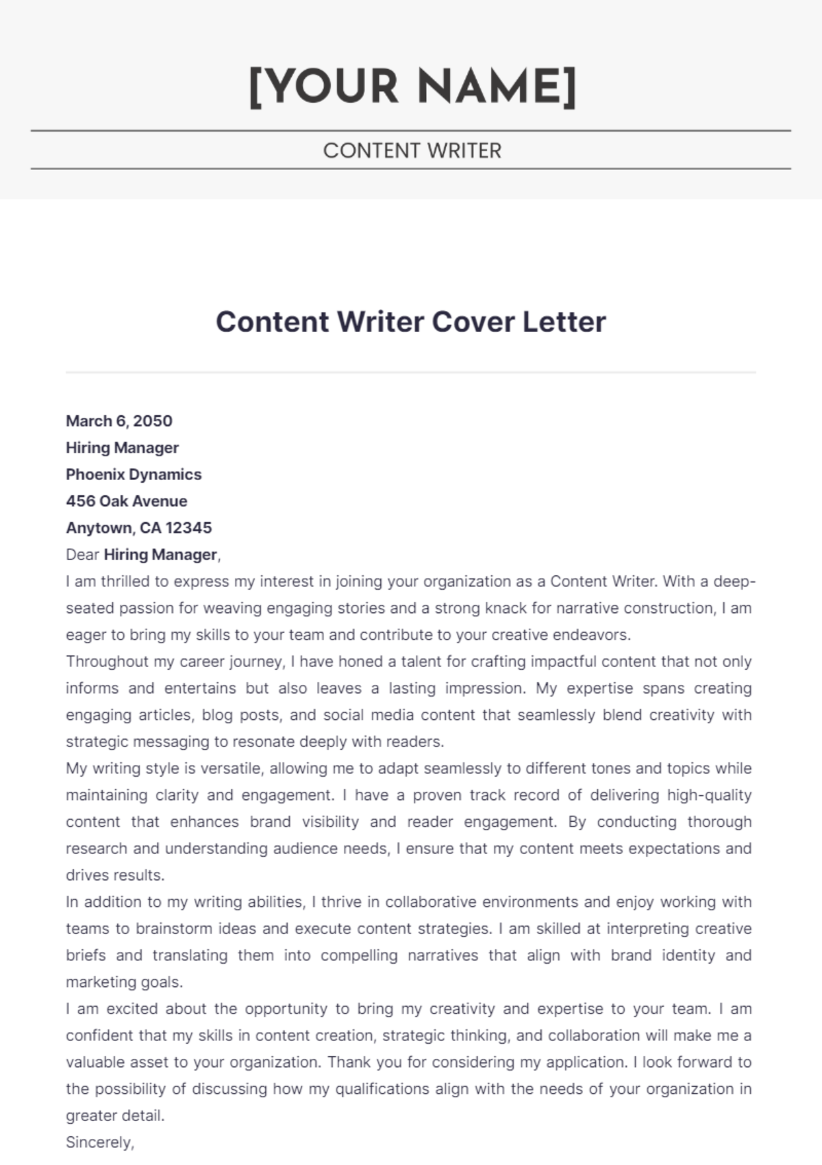 Content Writer Cover Letter - Edit Online & Download