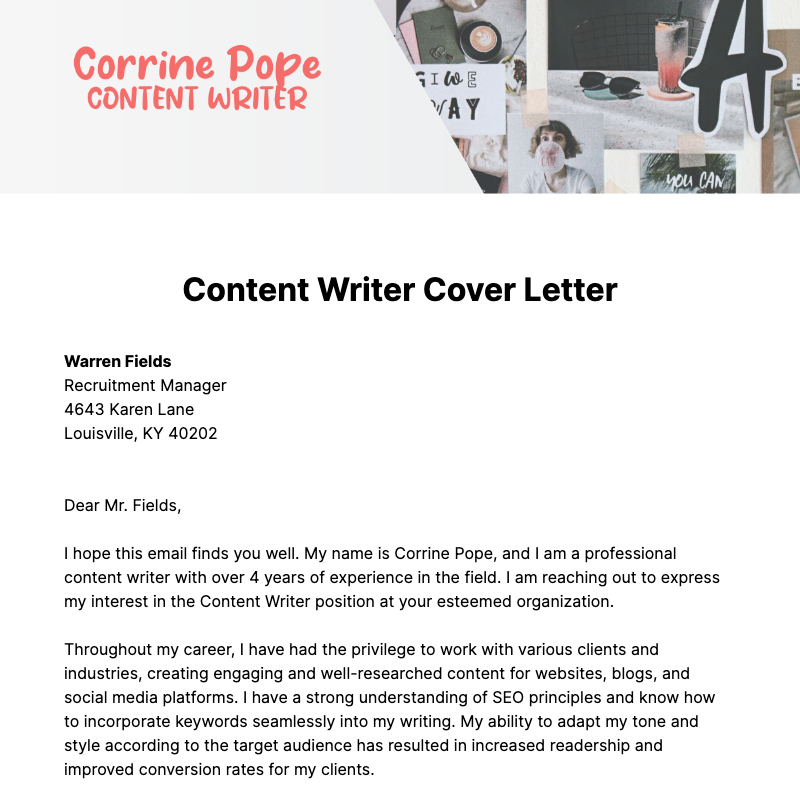Content Writer Cover Letter  Template