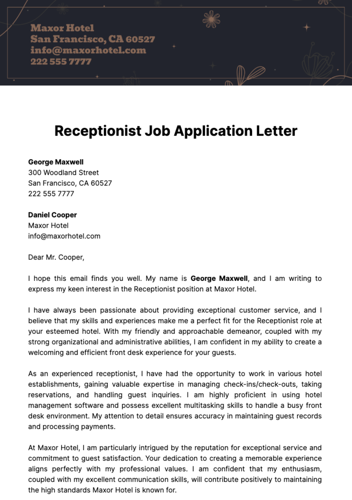 Receptionist Job Application Letter  Template