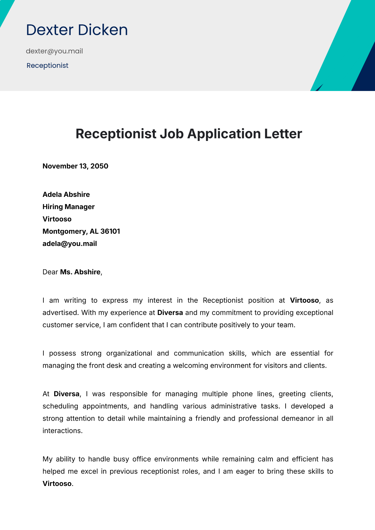 Receptionist Job Application Letter Template