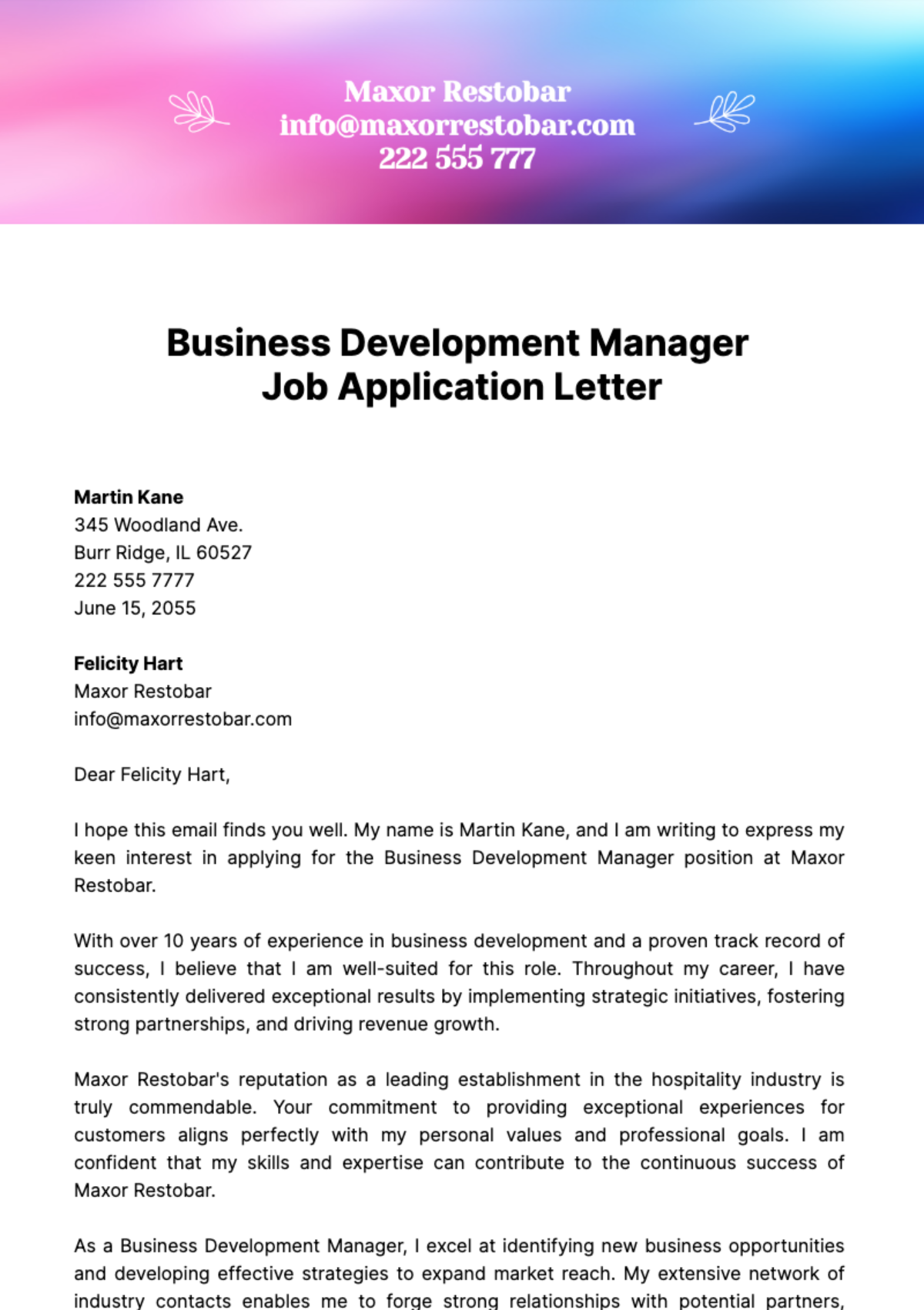 Free Business Development Manager Job Application Letter  Template