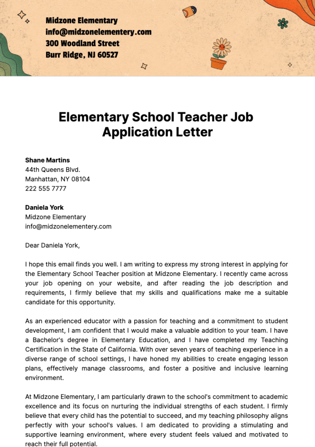 Free Elementary School Teacher Job Application Letter  Template