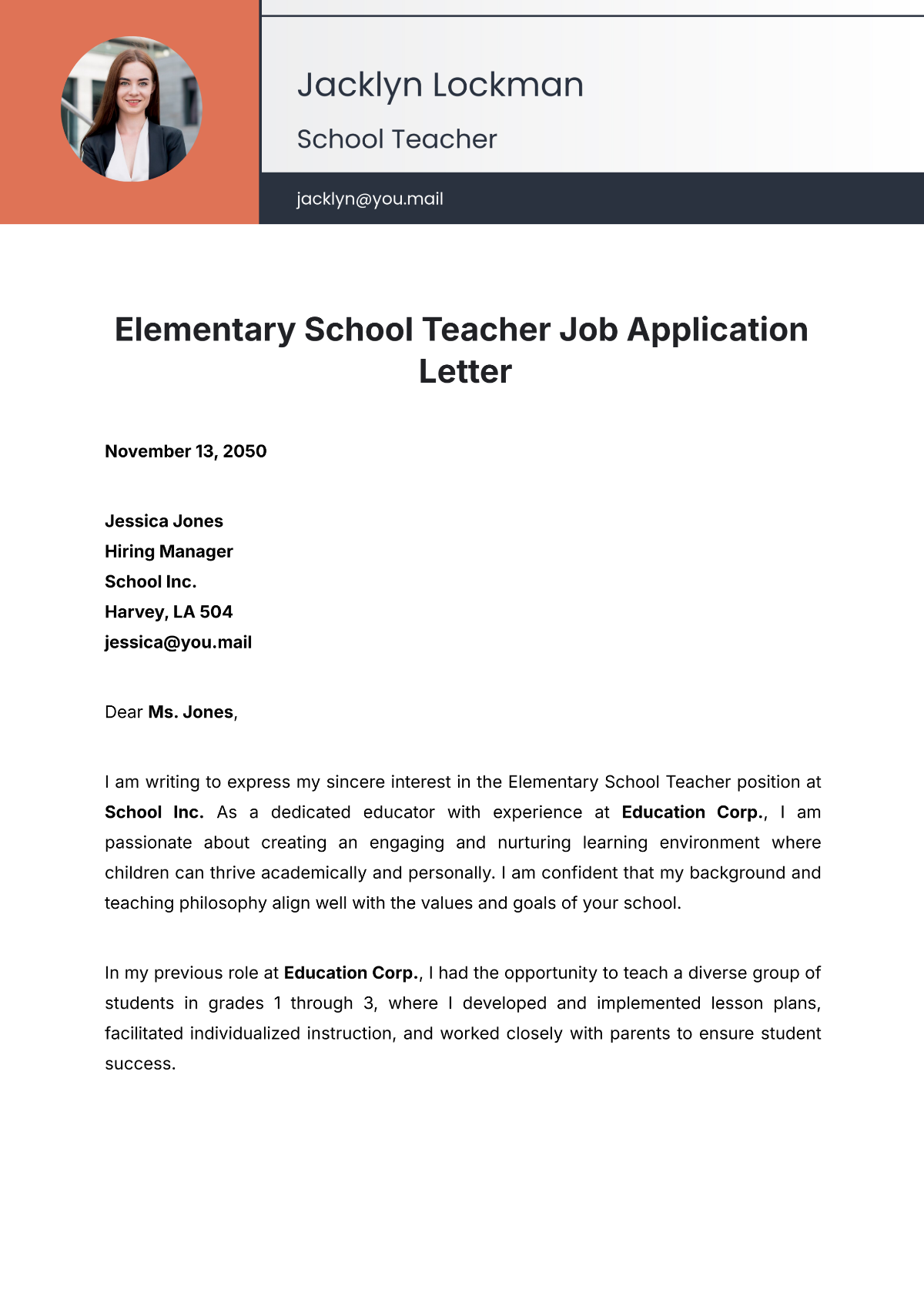 Elementary School Teacher Job Application Letter Template - Edit Online & Download