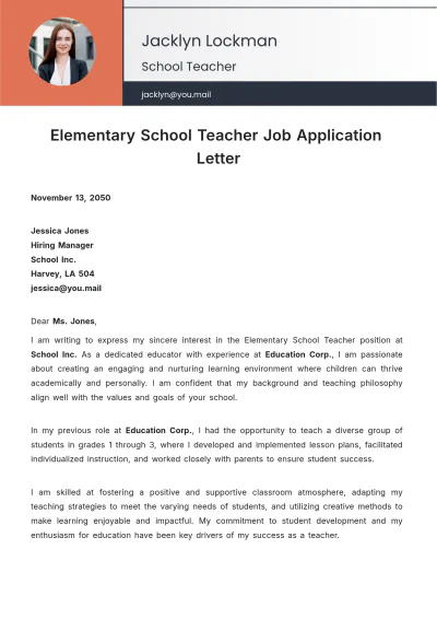 Free Elementary School Teacher Job Application Letter Template to Edit Online