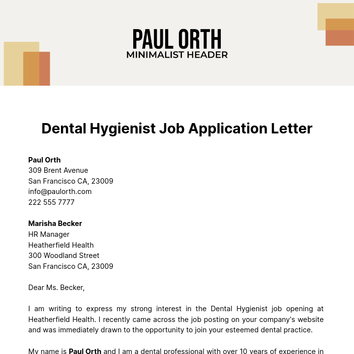 Dental Hygienist Job Application Letter  Template