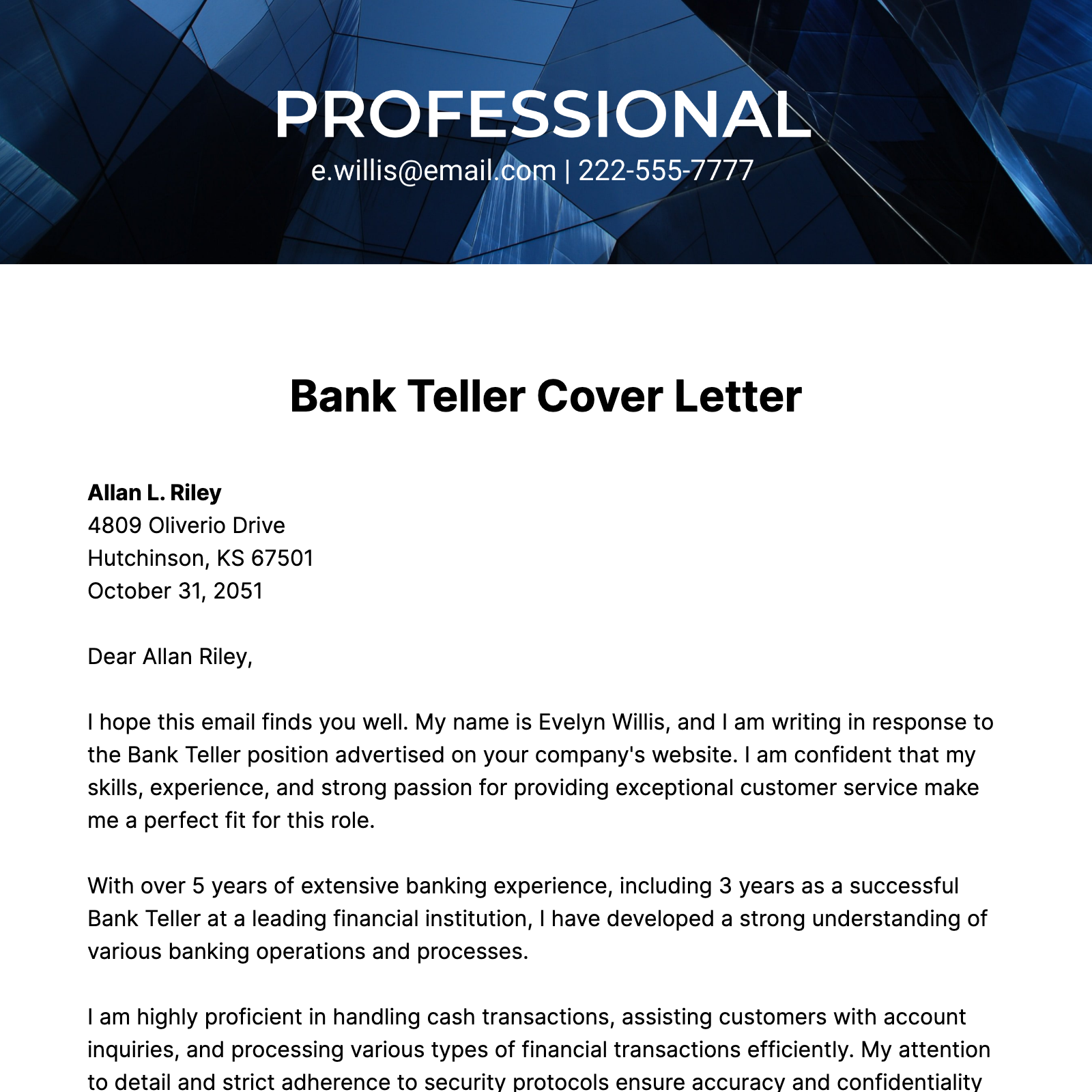 Bank Teller Cover Letter  Template