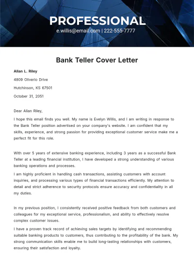Free Bank Teller Cover Letter  Template to Edit Online