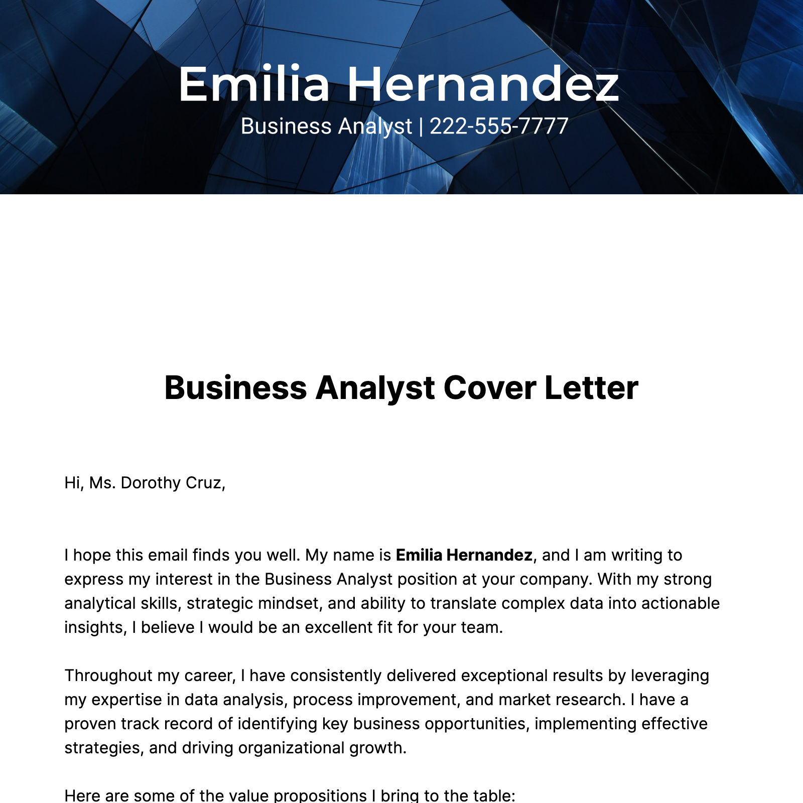 Business Analyst Cover Letter  Template