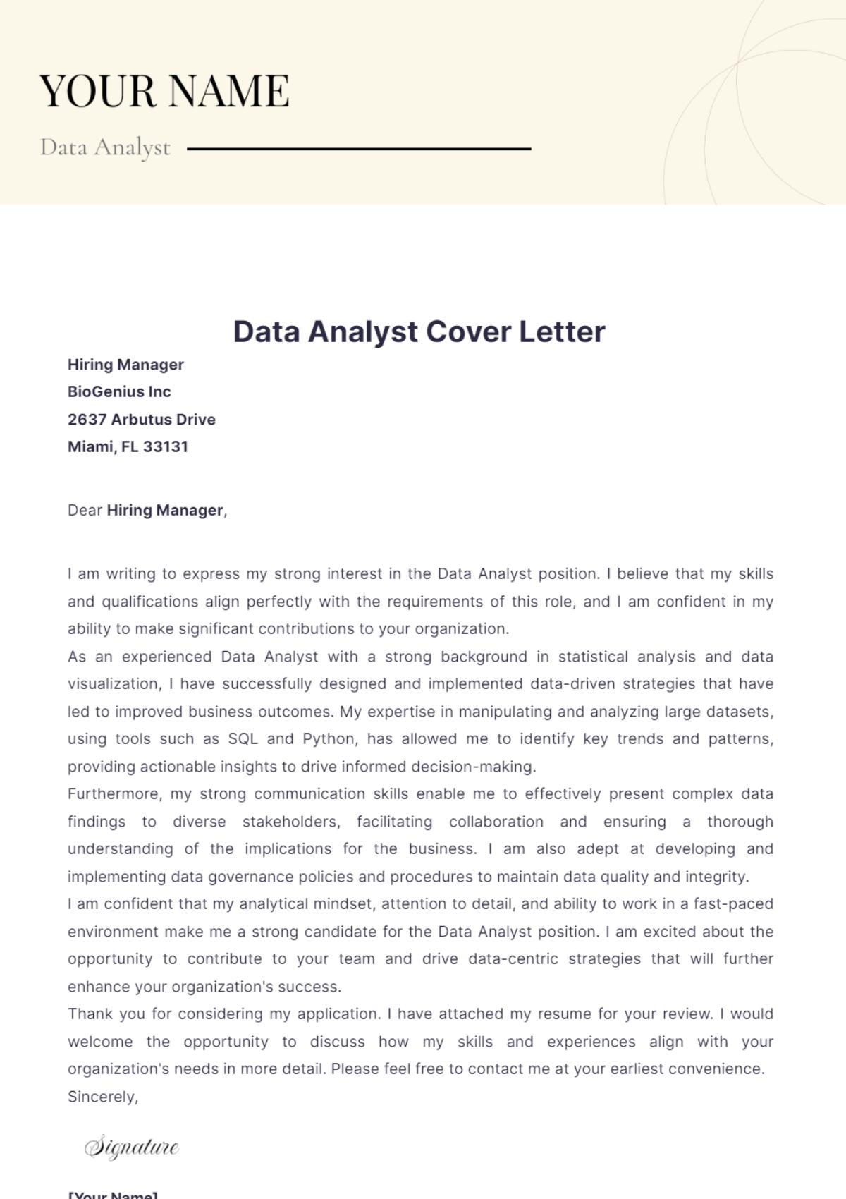 Data Analyst Cover Letter  Template - Edit Online & Download