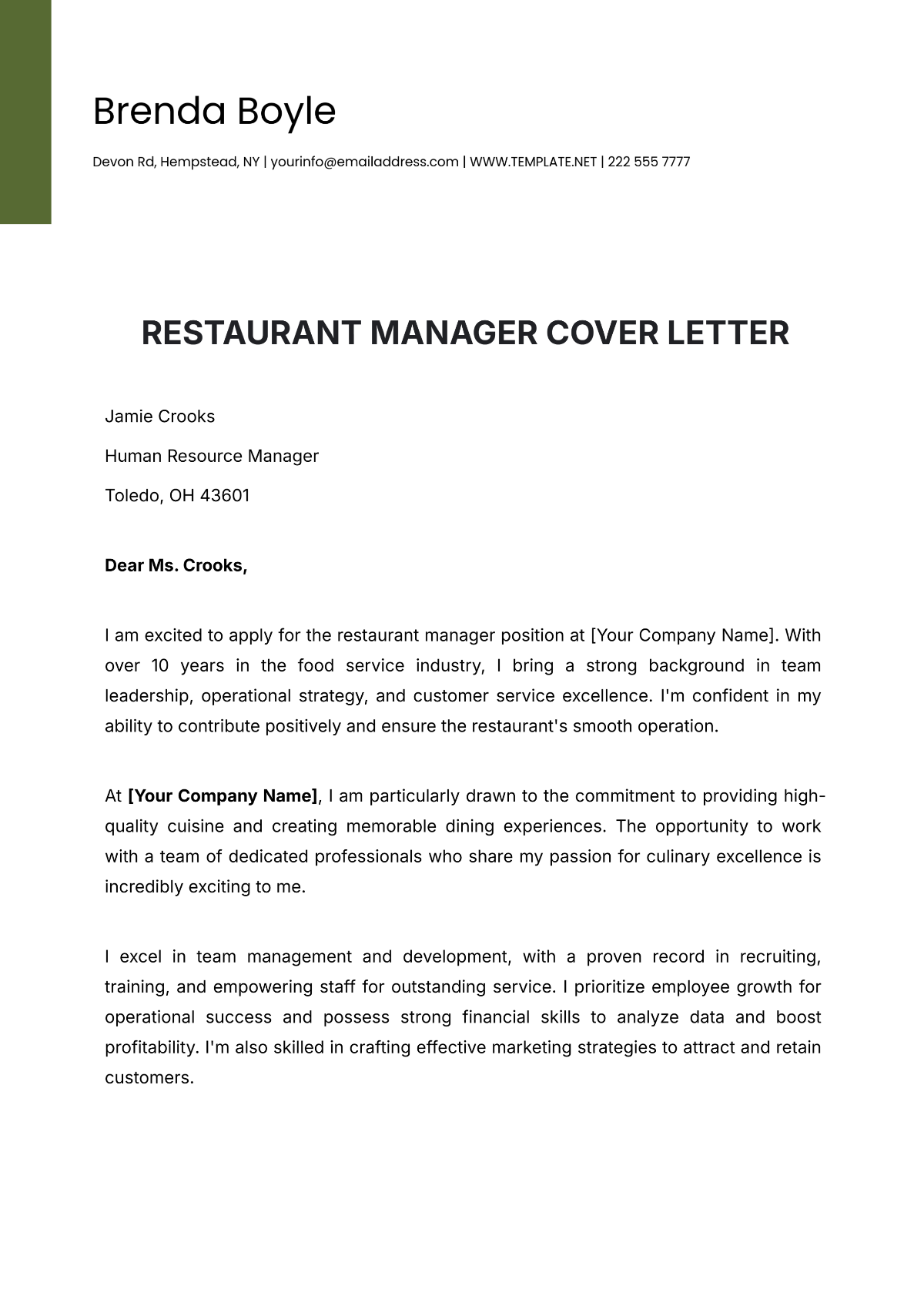 Restaurant Manager Cover Letter Template - Edit Online & Download