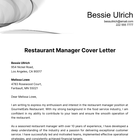 Restaurant Manager Cover Letter  Template