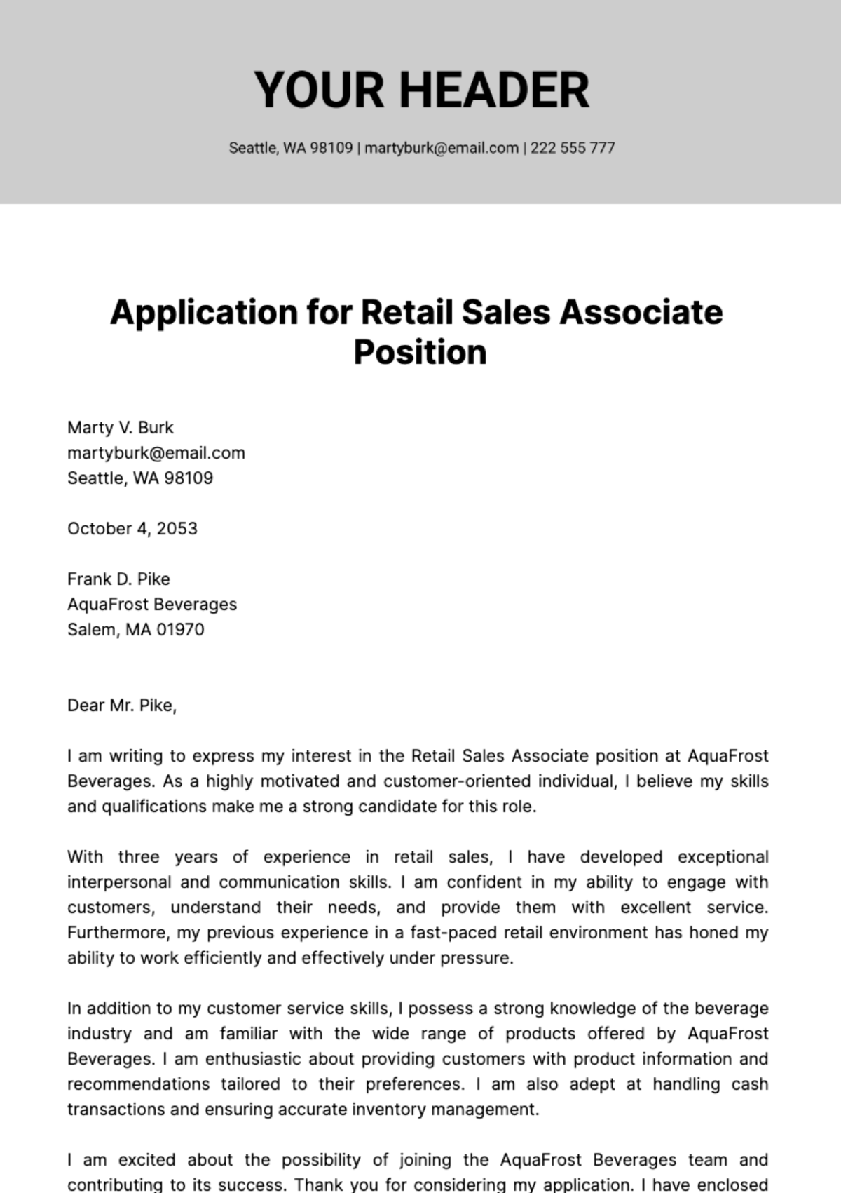 Retail Sales Associate Cover Letter  Template