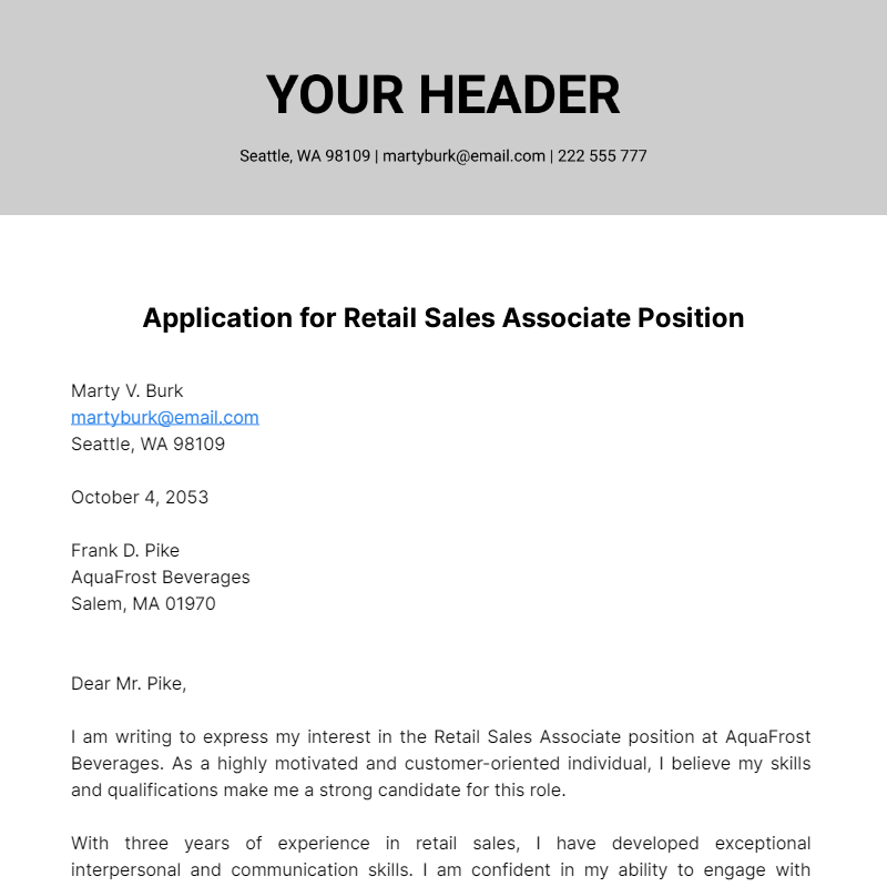 Retail Sales Associate Cover Letter  Template