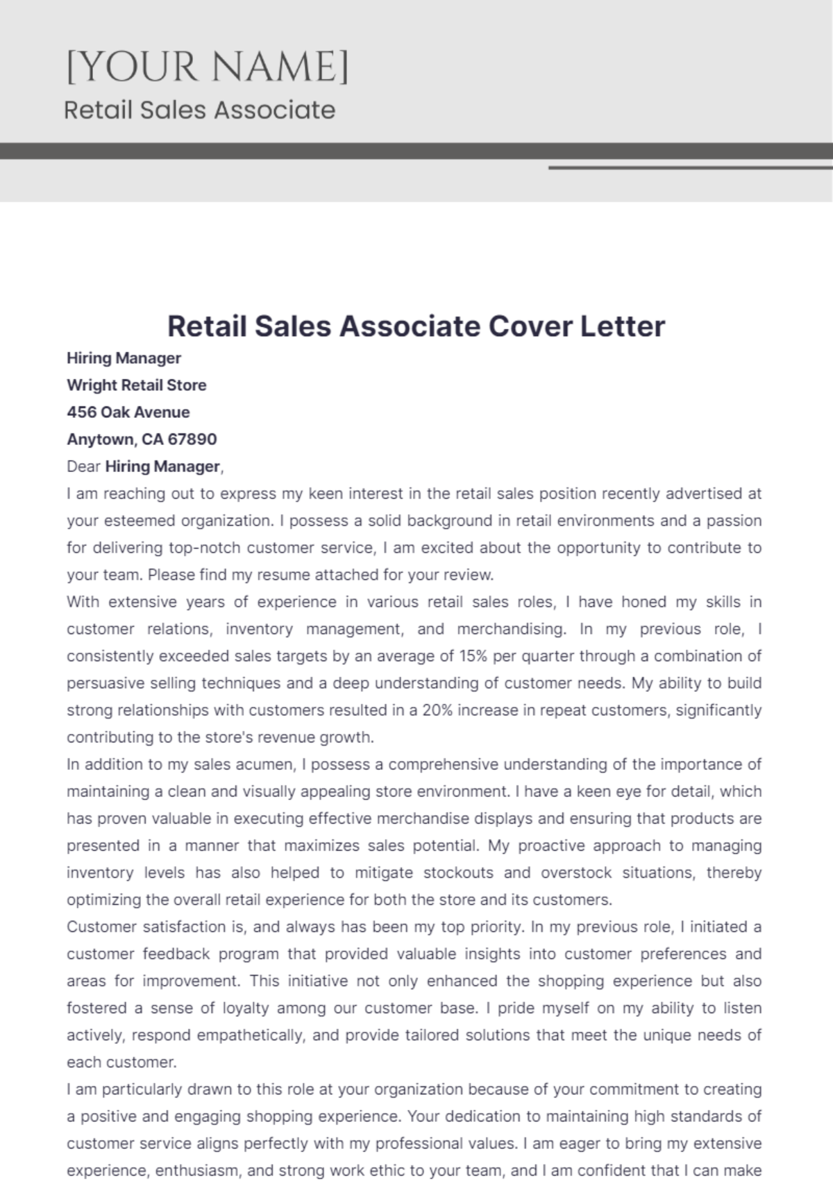 Retail Sales Associate Cover Letter