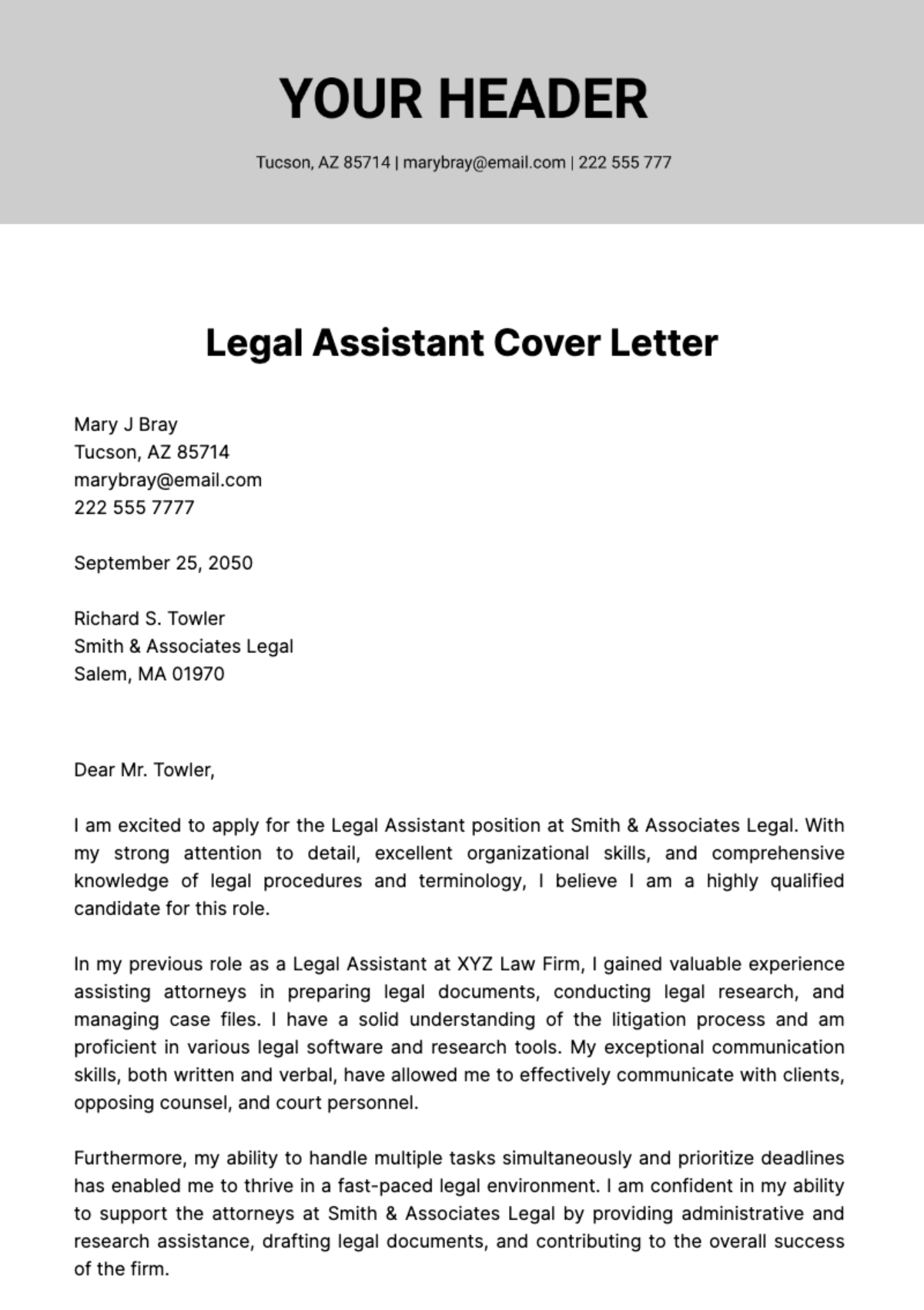Legal Assistant Cover Letter  Template