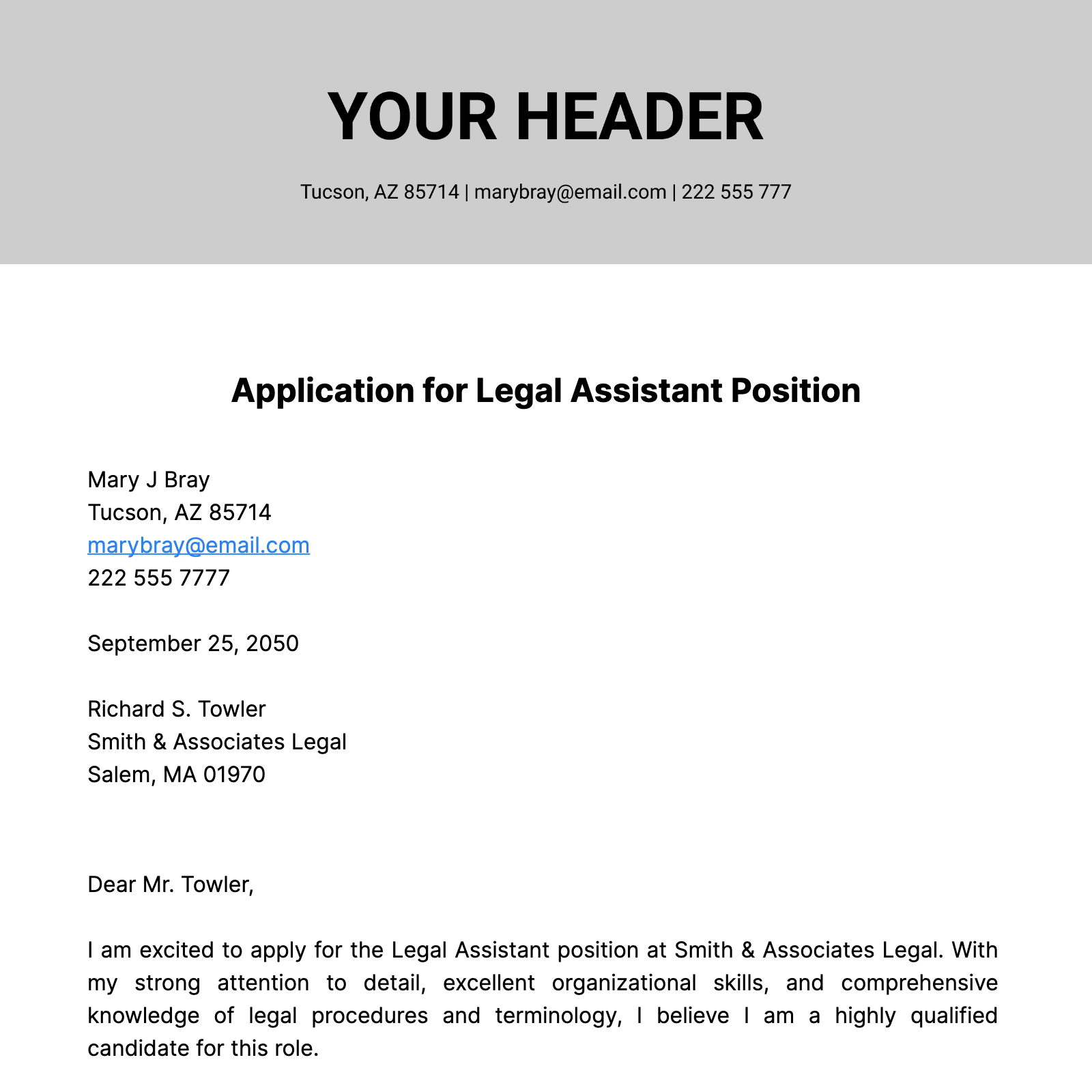 Legal Assistant Cover Letter  Template - Edit Online & Download