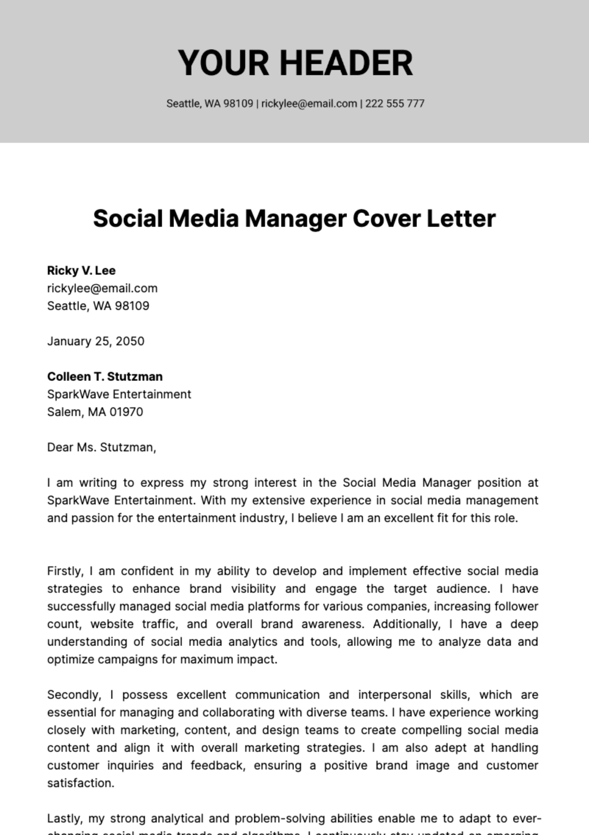 Social Media Manager Cover Letter  Template