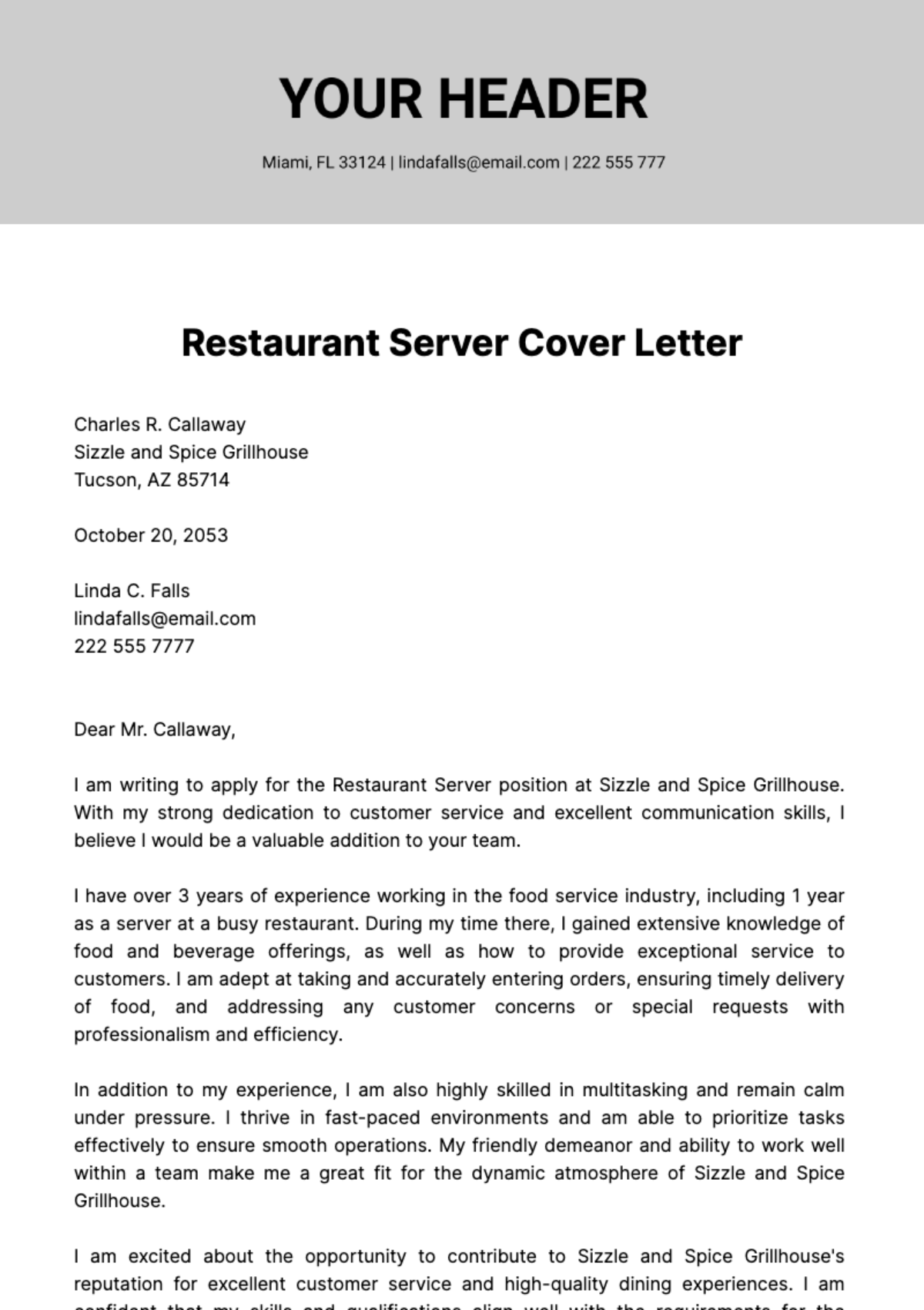 Free Restaurant Server Cover Letter  Template