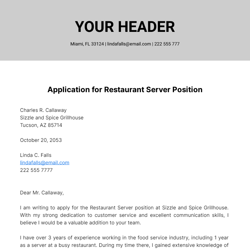 cover letter for a restaurant server