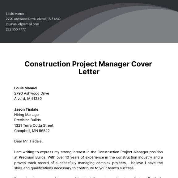 Construction Project Manager Cover Letter  Template