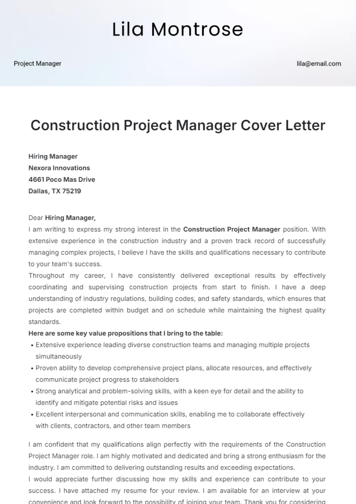 Construction Project Manager Cover Letter Template - Edit Online & Download