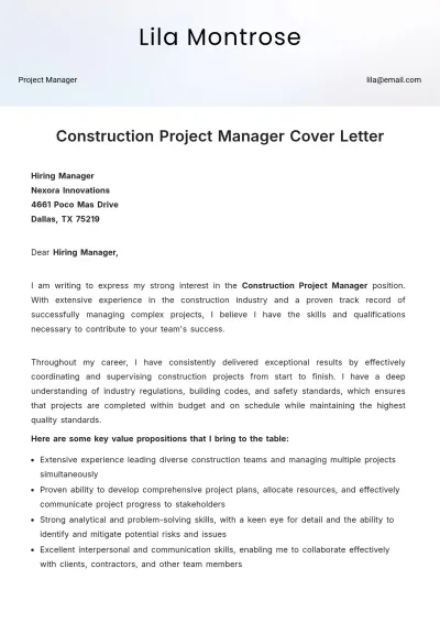 Free Construction Project Manager Cover Letter Template to Edit Online