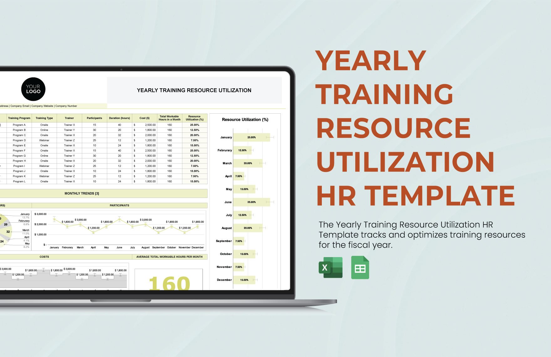Yearly Training Resource Utilization HR Template in Excel, Google Sheets