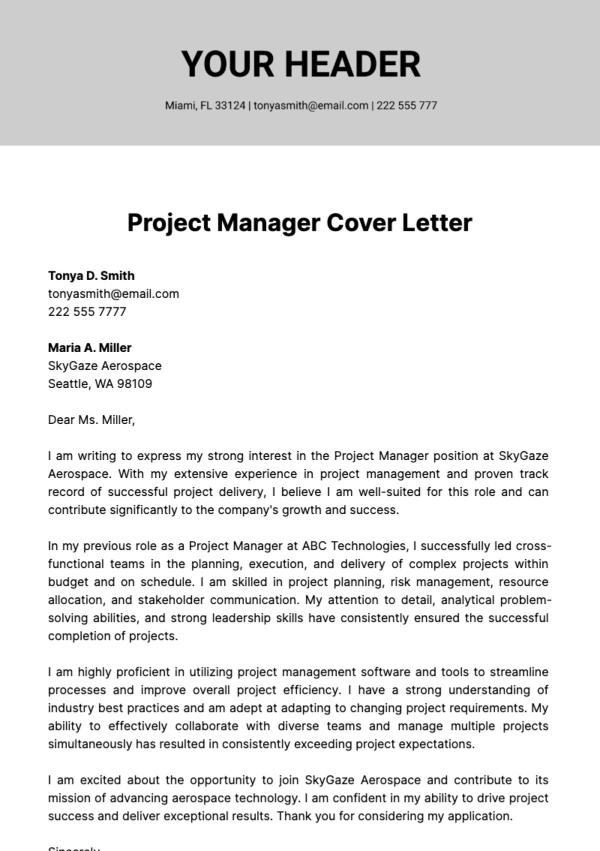 Project Manager Cover Letter  Template