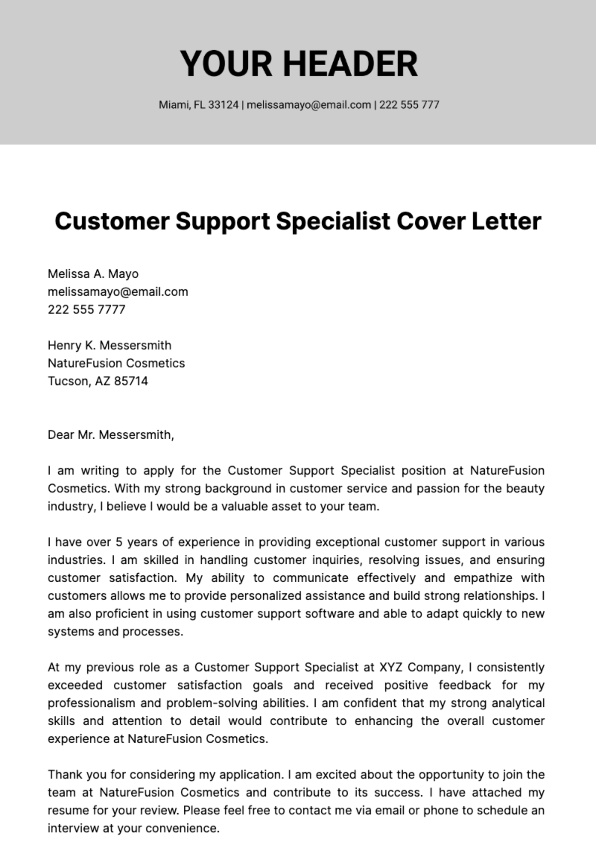 Customer Support Specialist Cover Letter  Template