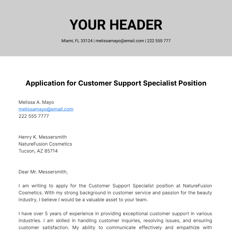 Customer Support Specialist Cover Letter  Template
