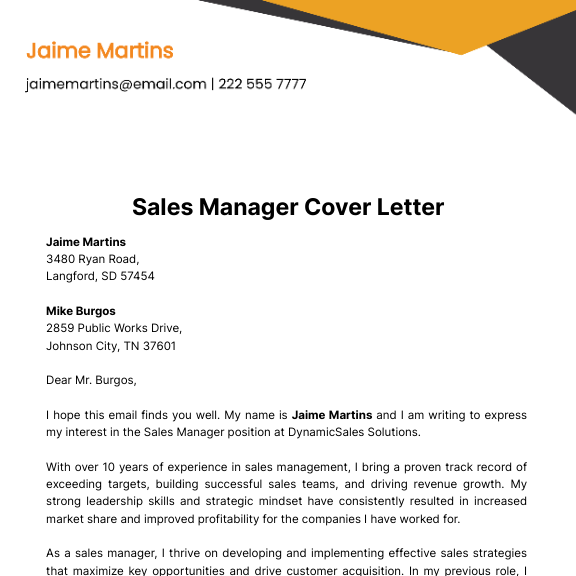 Sales Manager Cover Letter  Template