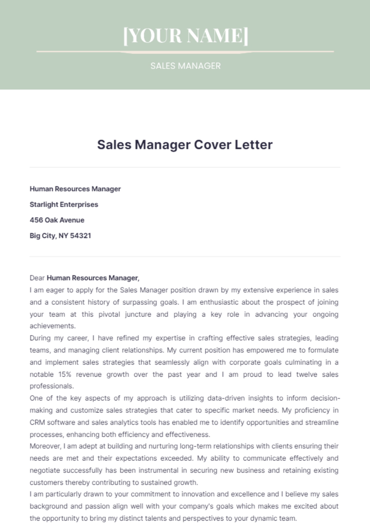 Sales Manager Cover Letter - Edit Online & Download