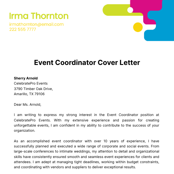 Event Coordinator Cover Letter  Template