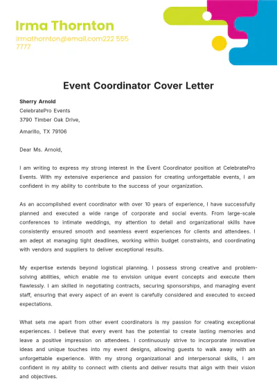 Free Event Coordinator Cover Letter  Template to Edit Online