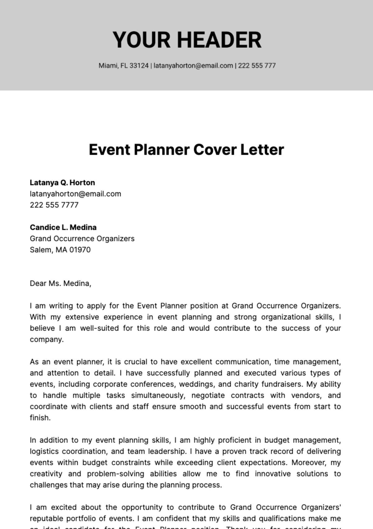 Free Event Planner Cover Letter  Template