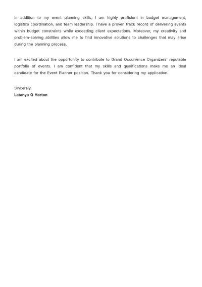 Free Event Planner Cover Letter  Template to Edit Online