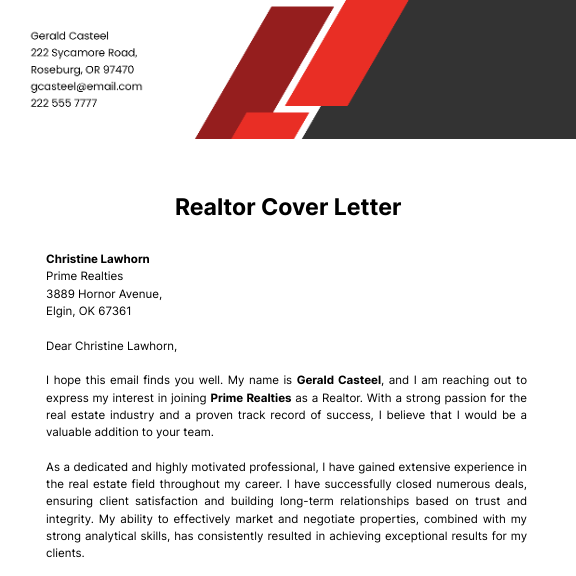Realtor Cover Letter  Template