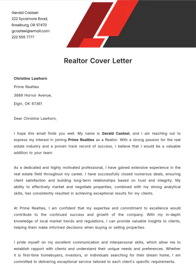 Free Realtor Cover Letter  Template to Edit Online