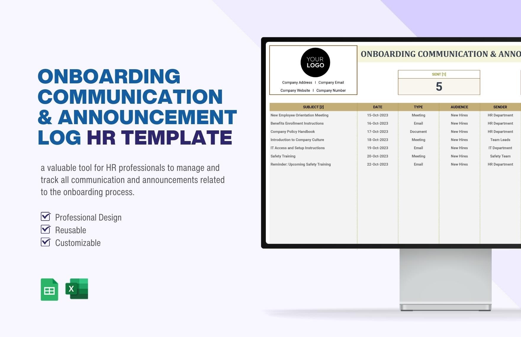 Onboarding Communication & Announcement Log HR Template in Excel, Google Sheets