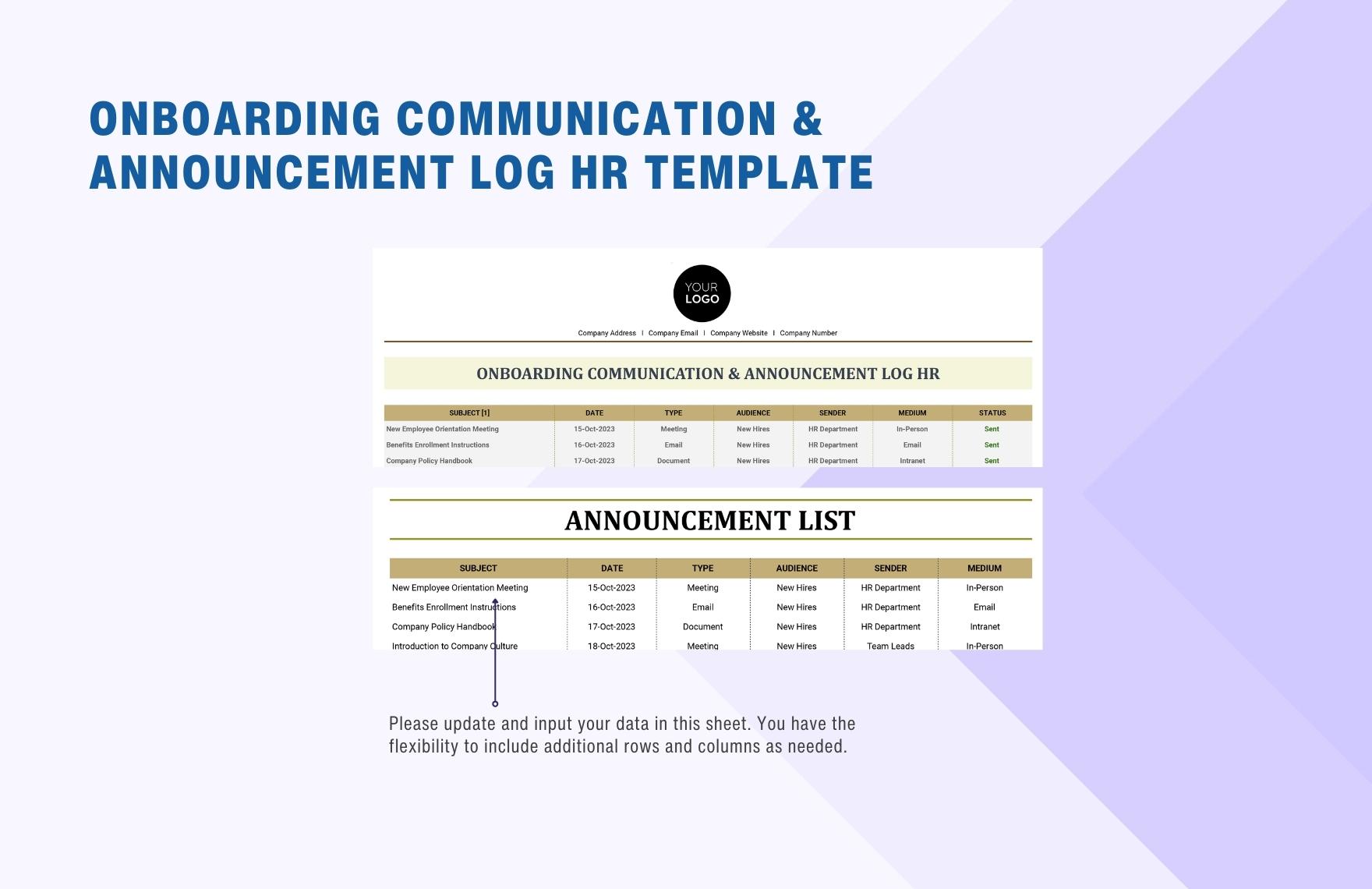 Onboarding Communication & Announcement Log HR Template
