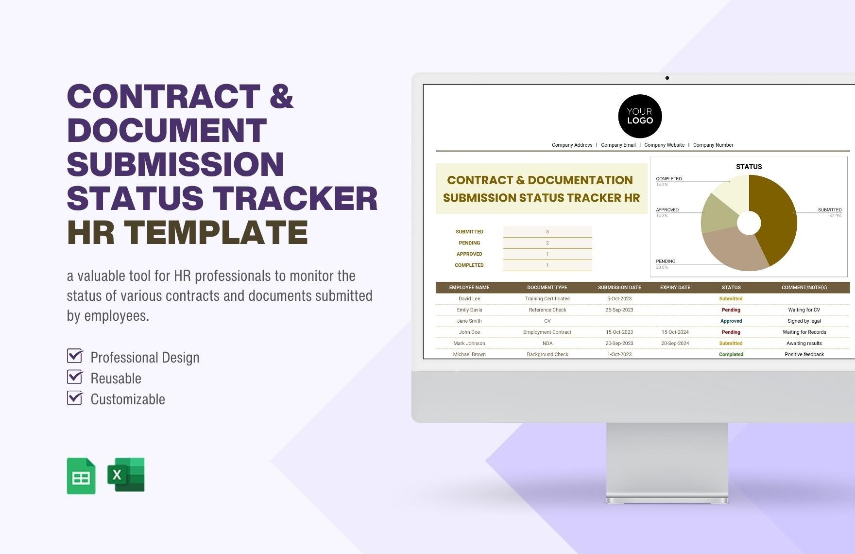 Contract & Document Submission Status Tracker HR Template in Excel, Google Sheets