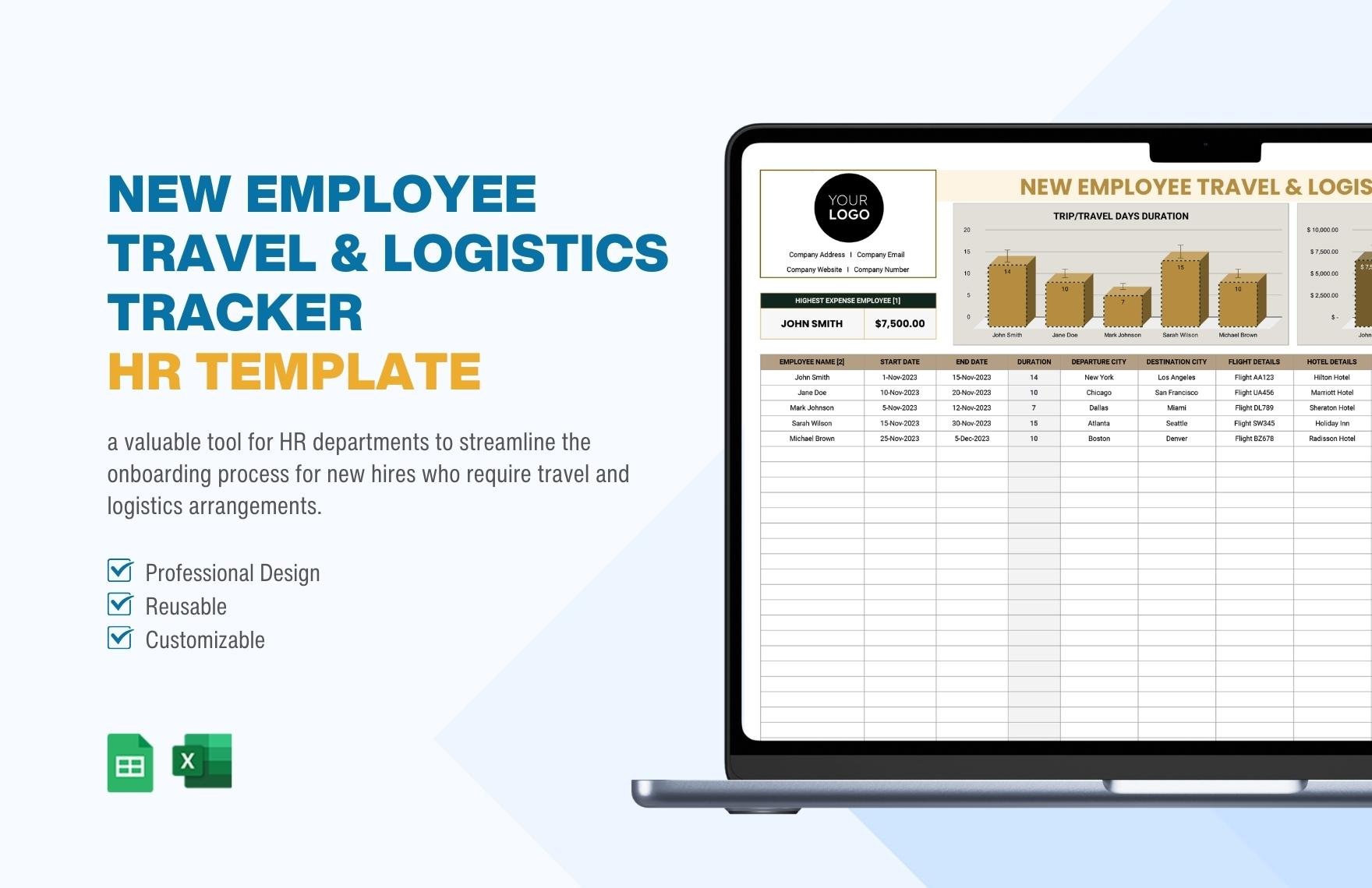 New Employee Travel & Logistics Tracker HR Template in Excel, Google Sheets