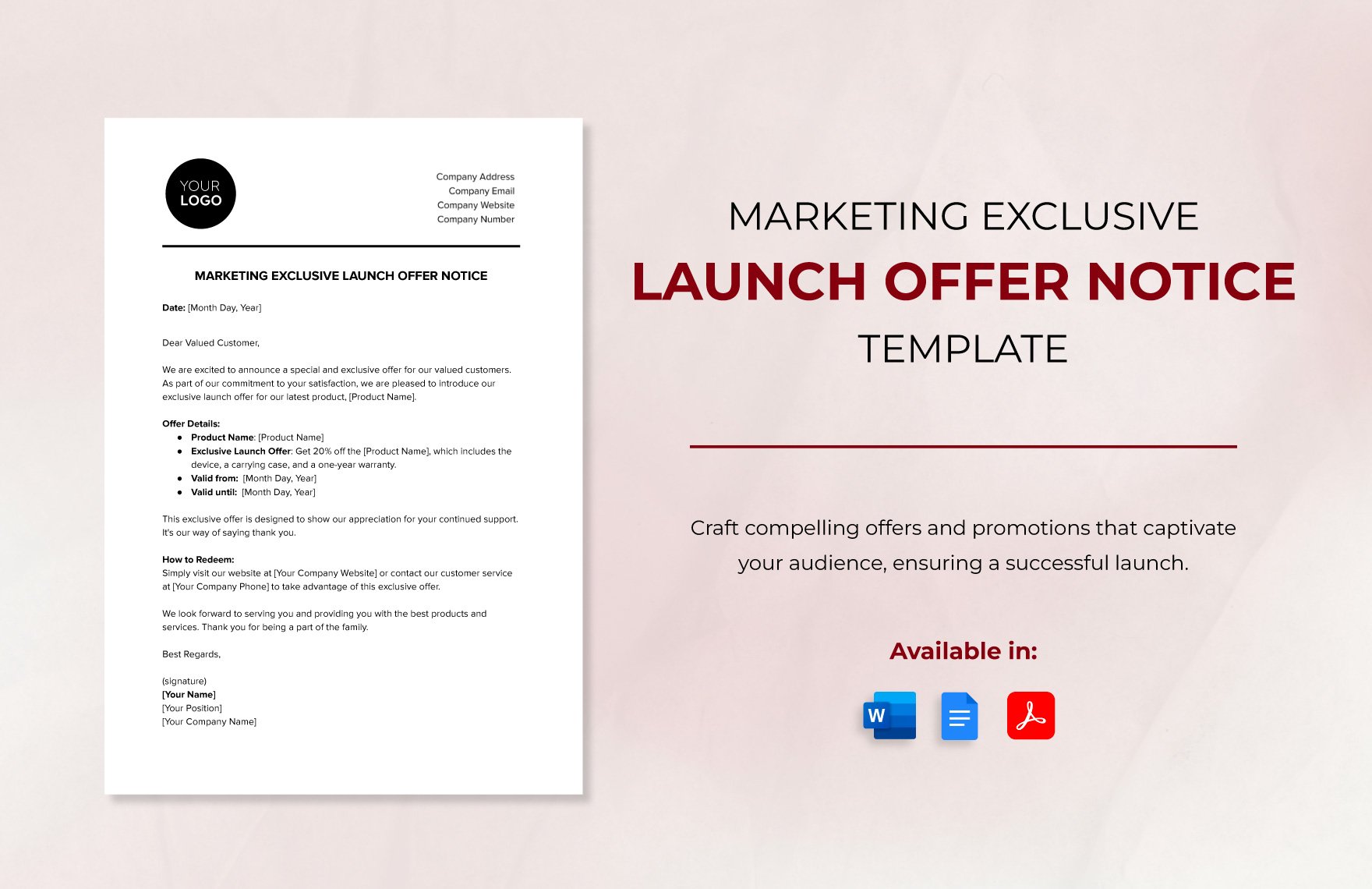 Marketing Exclusive Launch Offer Notice Template in Word, Google Docs, PDF